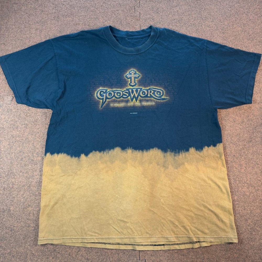 A- Gods Word Christian Graphic Tee Navy Tan Dip Dye Cross T-Shirt Mens XL
